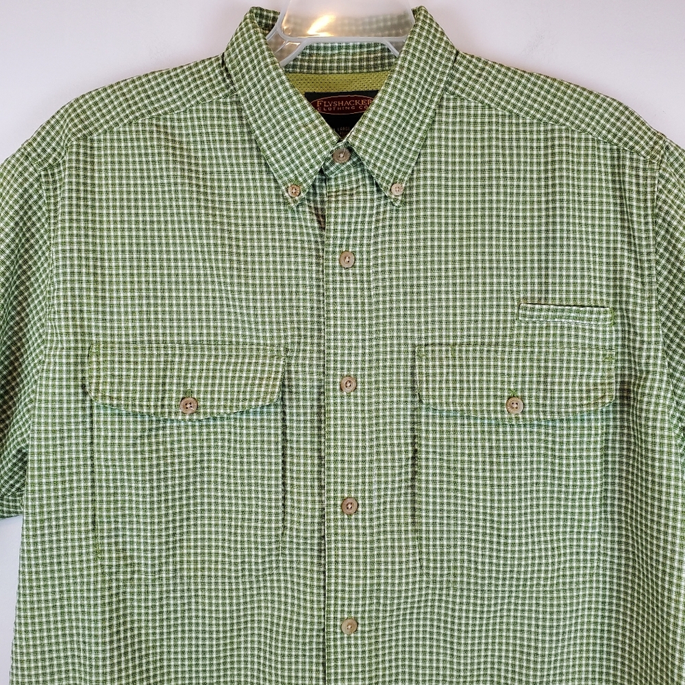 Vintage Flyshacker Green Checkered Outdoor Fishing Shirt Button Up Size L Mens